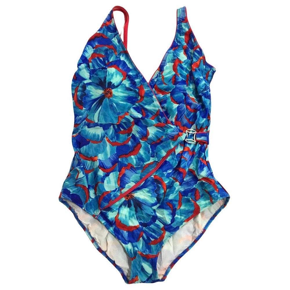 GOTTEX Swim Wear Bathing Suit Size 18 1-Piece Blue Red Floral print